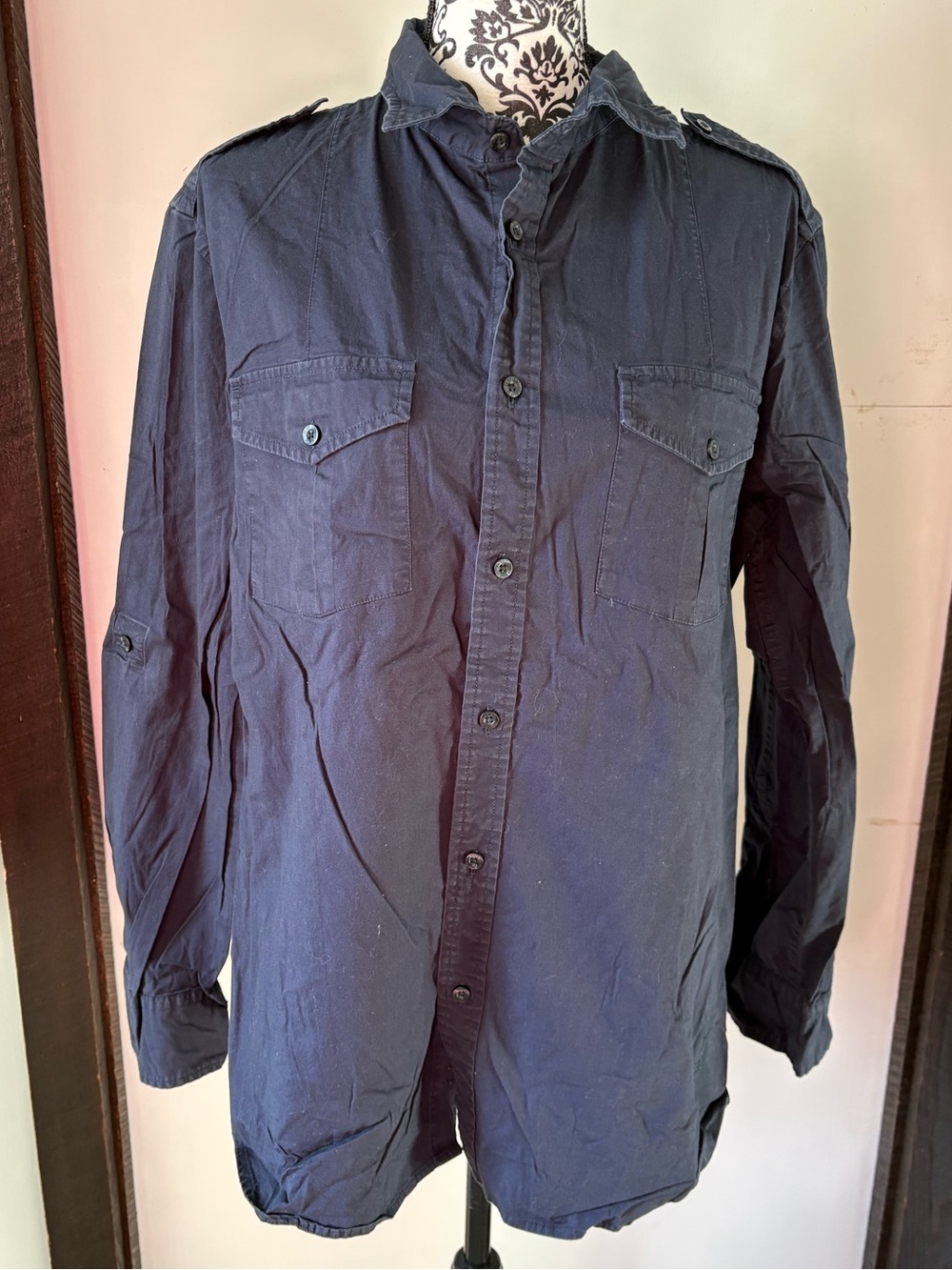 Helix Navy Military Field Button-Up Shirt With Utility Pockets & Epaulets Large